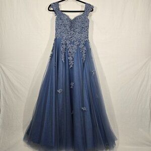 PRINCESS Blue Off Shoulder-Sweetheart Floral Lace Tulle Formal Long Dress Size 6